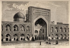 Aly Riza a Mashhad imám mecsetjének belső udvara, A. de Bar rajza, N. de Khanikof Khoraszánba (Khoraszán, Chorasan vagy Khurasan) tett utazásának illusztrálására 1858-ban. Metszet a "Le tour du monde" 1861-es kiadásában. Selva gyűjteménye.
