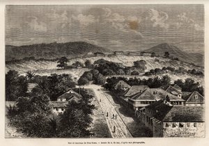 Rue et barracks de Freetown, Sierra Leone, metszet A. de Bar rajza után, amely a Côte d
