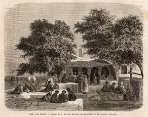 Egy La Marsa (Tunisz) kávézó képe, A.de Bar rajza, Amable Crapelet 1859-es tuniszi utazásának illusztrálására. Gravírozás a „Le tour du monde”-ban, szerkesztette Edouard Charton