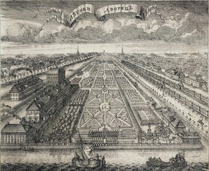 Kilátás a nyári kertekre a Néva folyó felől, 1717