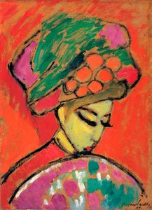 Fiatal lány virágos kalapban - Alekszej von Javlenszkij (1864-1941) festménye, olaj, karton, 67,5x49 cm alkotó: Alexej von Jawlensky