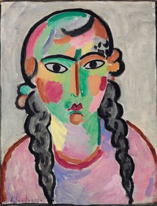 La fille pale aux tresses grises – A sápadt lány szürke pigtails, szerző: Alexej von Jawlensky (Jawlensky) (1864-1941). Olaj, papír, c. 1916. Mérete : 63,5x49,5 cm. Magángyűjtemény alkotó: Alexej von Jawlensky