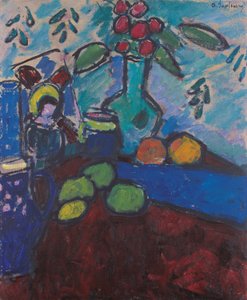 Csendélet fordított üvegfestéssel, zöld vázával és gyümölcsökkel alkotó: Alexej von Jawlensky