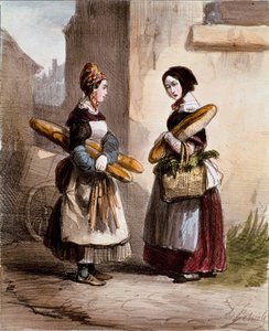 Kisebb szolgáltatások: a pékség. Fiatal sétáló kenyérkereskedő. Alfred Andre Geniole (1813-1861) nyomata a „Les femmes de Paris” 1841-1842 Párizsból, Musee Carnavalet