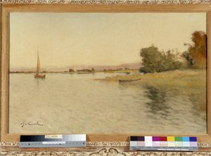 Hajó és vitorlás a tó partján Alfred Casile festménye (1848-1909) 20. század Kötelező megemlítés: Gyűjtemény alapítványa tisztelettel de Provence, Marseille alkotó: Alfred Casile