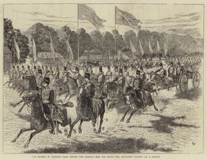 Szemle a Windsor Parkban Őfelsége és a sah előtt, a tüzérség vágtában (metszet) alkotó: Alfred Chantrey Corbould