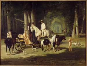 Mr. és Mrs. A. Mosselman és két lányuk Séta az erdőben lóháton. Alfred de Dreux (1810-1860) festménye 1848 V. 2x2,65 m Párizs, a Petite Palais múzeuma