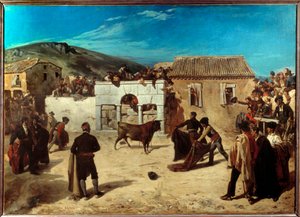 Novilladában található a spanyolországi fiatal bikák és fiatal bikaviadorok közötti bikaviadalok escurial jelenete. Alfred Dehodencq (1822-1882) festménye 1850 V. 1,49x2,08 m Pau, Szépművészeti Múzeum