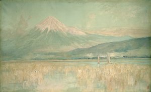 Hajnal a Szent Hegyen, a Fuji nap félig a felhők között rejtve, 1889