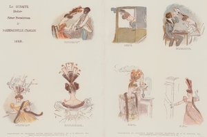 Eredeti akvarell rajzok fakszimilái, amelyek az 1828-as év női fejruháinak divatját szatírozzák (chromolitho)