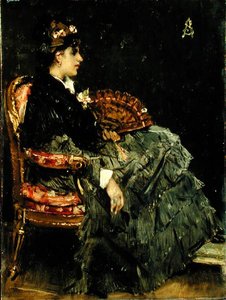 Ülő hölgy ventilátorral (olaj, panel) alkotó: Alfred Emile Stevens