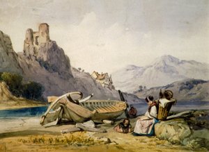 „Figurák és csónak a tó partján, a háttérben ház és romos kastély” (1830-as évek) alkotó: Alfred Gomersal Vickers