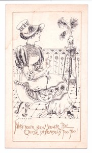 Esztétikus viktoriánus újévi kártya egy pávatollas vázában megcsodálva, 1881 körül (monokróm) alkotó: Alfred Gray