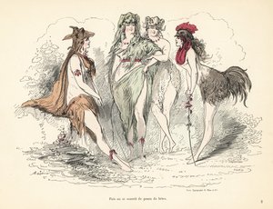 Állati bőrből, fejből és tollból készült jelmezt viselő nő. alkotó: Alfred Grevin