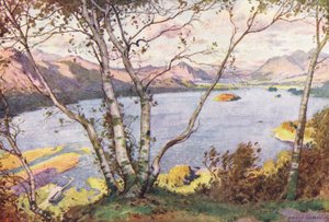 Lake District: Derwentwater és Bassenthwaite-tó, High Lodore felől (színes lithó) alkotó: Alfred Heaton Cooper