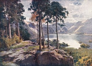 Lake District: Derwentwater, Castle Head felől, egy derűs reggel (színes lithó) alkotó: Alfred Heaton Cooper