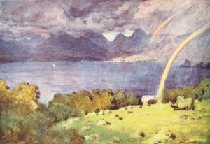 Lake District: Lowwoodból (színes litográfia): Windermere és Langdale Pikes (színes litográfia) alkotó: Alfred Heaton Cooper