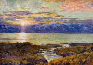 Éjféli nap a Torne Trask-tó felett, Abiskoból alkotó: Alfred Heaton Cooper