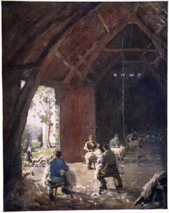 Sheepshearing, Esthwaite Hall Farm, az eredeti akvarellek nyomatait tartalmazó portfólióból, 1920 körül alkotó: Alfred Heaton Cooper