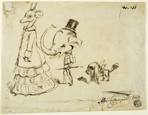 Férfi, nő és kutya karikatúrája alkotó: Alfred Henry Forrester