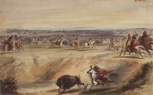 A környék vagy a Bivalyvadászat, 1839 körül (ceruza, toll és tinta, akvarell és gouache papíron) alkotó: Alfred Jacob Miller