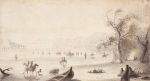 Bull Boating Across the Platte, 1837 körül (rajz papírra) alkotó: Alfred Jacob Miller
