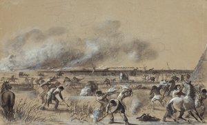 Fire on the Prairie, Setting Fire to the Camp, 1837 körül (mosás kiemelésekkel a papíron) alkotó: Alfred Jacob Miller