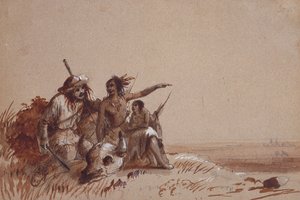Kansas Indian Recounting to a Trapper, Signs, the Migration of Buffalo, 1837 körül (ceruza és barna és fekete mosás a papíron) alkotó: Alfred Jacob Miller