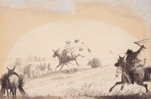 Öszvér kidobja a csomagját, 1837 körül (ceruza, toll és tinta, valamint papírra mosás) alkotó: Alfred Jacob Miller