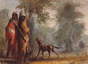 Kígyóindiánok egy kenu megközelítését figyelve, 1837 körül (ceruza, akvarell és gouache papíron) alkotó: Alfred Jacob Miller