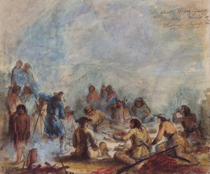 Sunrise, Trappers and Travelers at their Meals of Buffalo Hump Rib, 1837 körül (akvarell, papír) alkotó: Alfred Jacob Miller