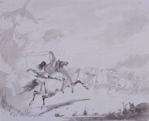 A lasszó dobása, 1837 körül (toll és tinta szürke mosással a szürke kártyán) alkotó: Alfred Jacob Miller