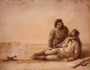 Csapdázók lőszer nélkül és éhező állapotban az Independence Rock közelében, 1850 körül (szépia mosás papíron) alkotó: Alfred Jacob Miller