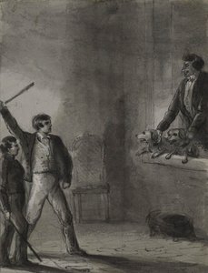 Két fiú felemelt botokkal, miközben egy férfi és kutyák tekintenek ki az ablakból alkotó: Alfred Jacob Miller