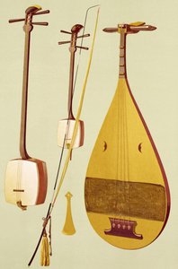 Egy shamisen, egy kokyu és egy biwa, japán, a „Musical Instruments”-ből (színes litho)