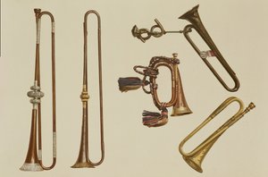 Lovassági trombita, egy bugle, egy aranyozott trombita, amelyet John Harris készített 1730 körül, egy trombita és egy ezüst veretes trombita William Balltól 1680 körül, a Hangszerekből (színes litó)