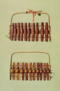 Marimba, elöl- és hátulnézet, dél-afrikai, a „Musical Instruments”-ből (színes litho) alkotó: Alfred James Hipkins