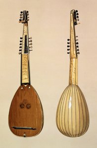 Giovanni Krebar által készített teorba, Padova, 1629, a "Musical Instruments" című műből (színes litográfia). alkotó: Alfred James Hipkins