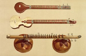 Két szitár és egy rudra vina, indiai, a "Musical Instruments"-ből (színes litho)