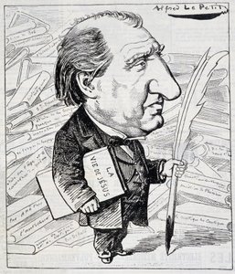 Ernest Renan rajzfilmje „Jézus élete””” felirattal a hóna alatt – a „” Le Charivari””-ban, 1883.11.07. alkotó: Alfred Le Petit
