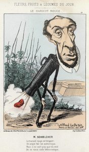 Le Bean rouge: Victor Schoelcher karikatúrája egy babot (fingot) ábrázol Péter vonatában - ill. Alfred Le Petité, 1871.02.16., „A nap virágai, gyümölcsei és zöldségei” című könyvében. alkotó: Alfred Le Petit