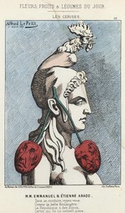 Les Cherry: karikatúra MM Emmanuelről és Etienne Aragoról - ill. 1871. 11. 03. „A nap virágai, gyümölcsei és zöldségei” c. alkotó: Alfred Le Petit