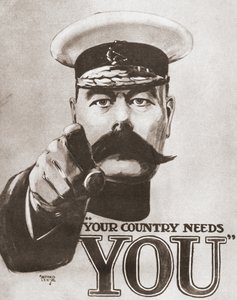 Az 1914-es brit háborús toborzási poszter, amely Lord Kitchenert ábrázolja a „Your Country Needs You” felirattal. Az Odhams Press 1937-ben megjelent The Story of Seventy Momentous Years című könyvéből.