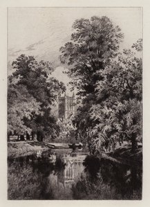 Cambridge: Cam a Trinity College közelében, a Szent János-kápolna tornyával (rézkarc)