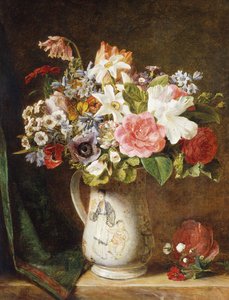 Rózsa tulipánok és más virágok egy porcelán tartályban, egy terített párkányon, alkotó: Alfred Morgan