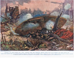 A.M. kapitány Inglis előreviszi tankját egy nagyon nehéz talajon, miután az egyik kereke letört. Illusztráció a „Deeds that Thrill the Empire” című könyvből, a Hutchinson und Co., c.1. alkotó: Alfred Pearse