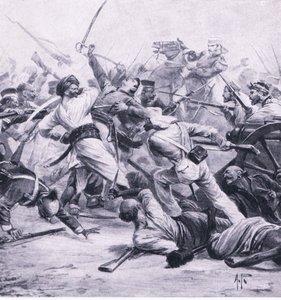 Nicholson veresége a lázadók ellen Najafgarhnál, 1857. augusztus 2., illusztráció a brit szárazföldi és tengeri csatákból, 1915 alkotó: Alfred Pearse