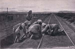 Csapataink felrobbantanak egy katonai vasutat Bloemfonteintől (litho) északra alkotó: Alfred Pearse