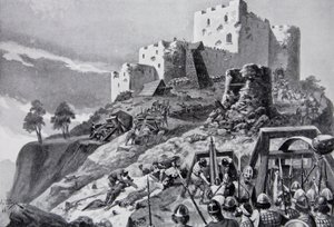 A walesi támadás a Montgomery kastély ellen 1095-ben Cadwgan ap Bleddyn, Powys hercege vezetésével, illusztráció a „Hutchinson története a brit nemzetről”, 1923 körül (litho) alkotó: Alfred Pearse