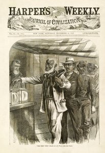 Az első szavazás, kocsma. Harpers Weekly, 1867
